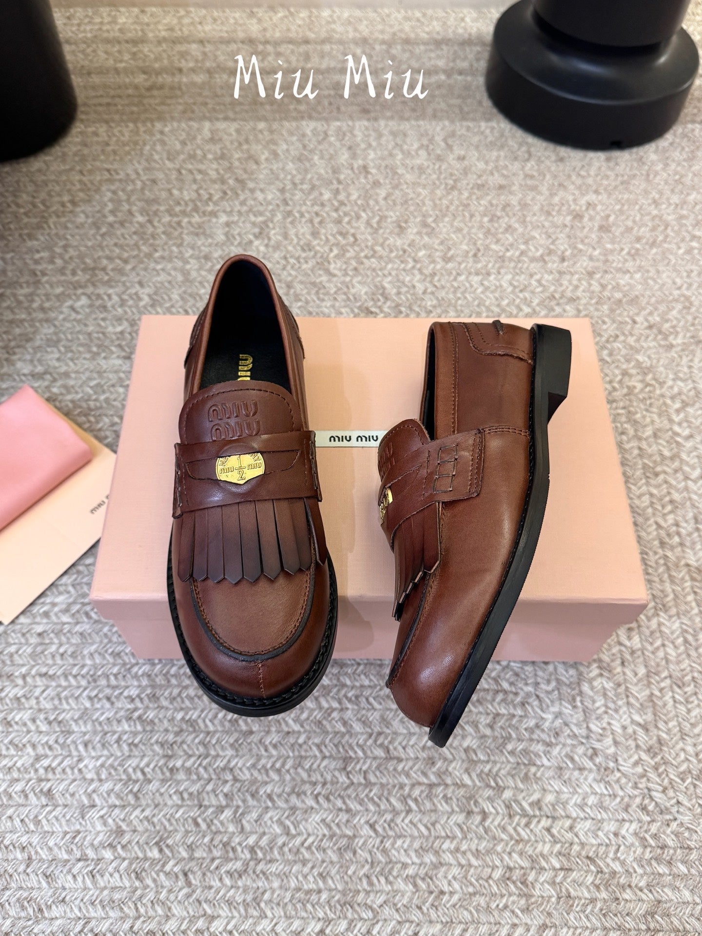 MIUMIU 26S FRINGE PENNY LOAFERS IN VINTAGE BROWN CALFSKIN