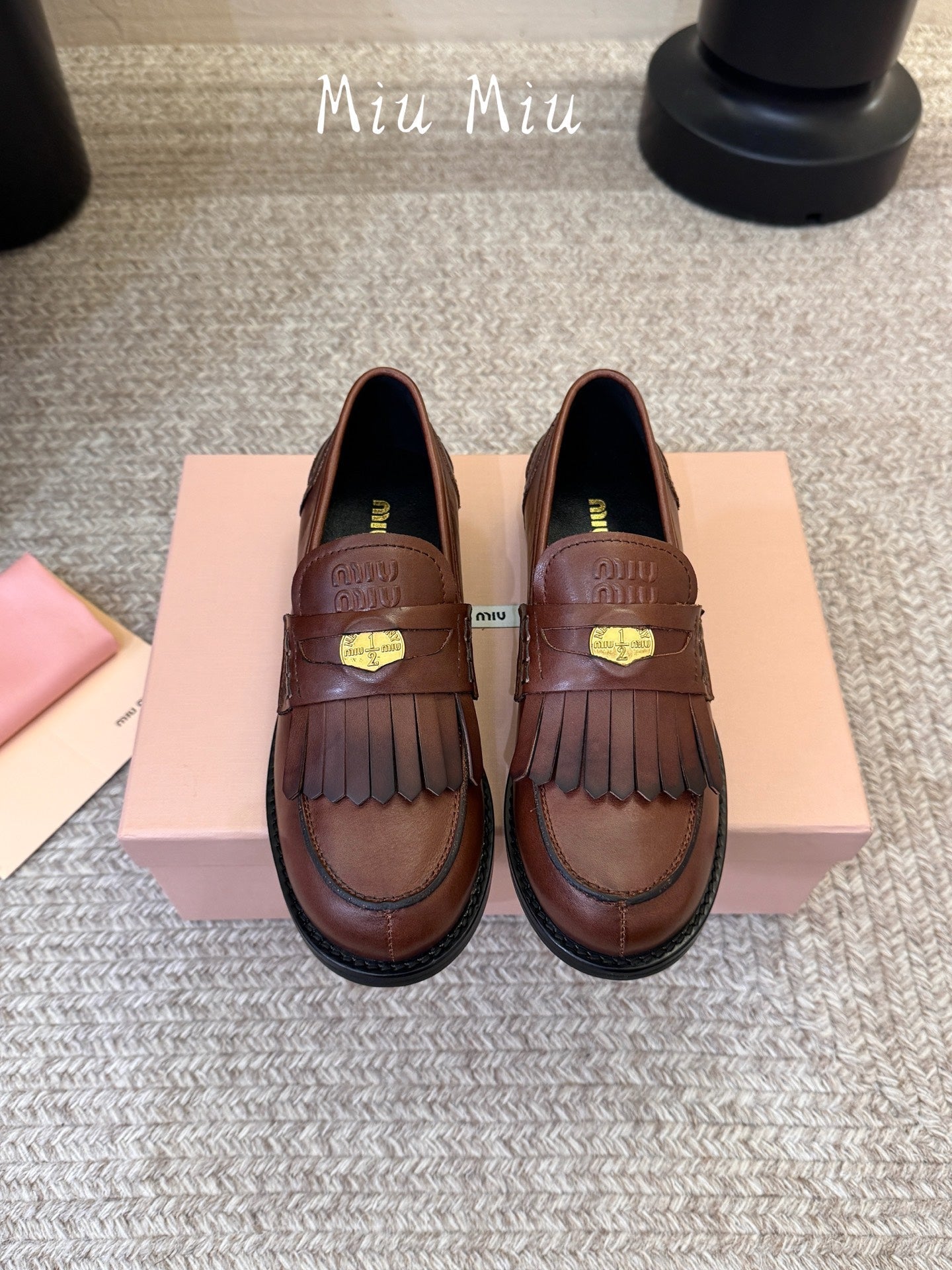 MIUMIU 26S FRINGE PENNY LOAFERS IN VINTAGE BROWN CALFSKIN