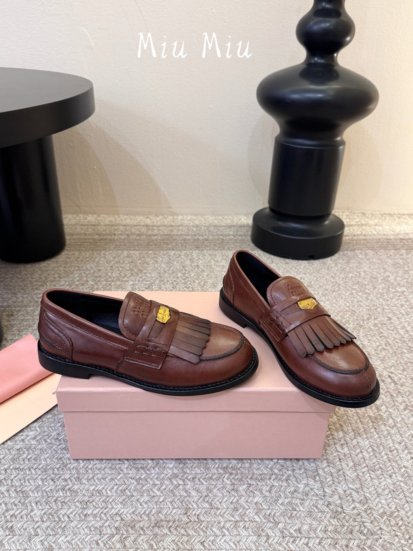 MIUMIU 26S FRINGE PENNY LOAFERS IN VINTAGE BROWN CALFSKIN