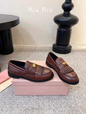 MIUMIU 26S FRINGE PENNY LOAFERS IN VINTAGE BROWN CALFSKIN