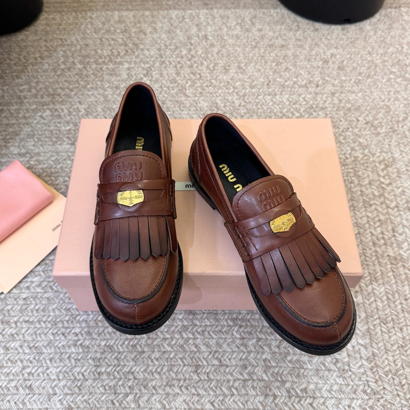 MIUMIU 26S FRINGE PENNY LOAFERS IN VINTAGE BROWN CALFSKIN