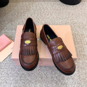 MIUMIU 26S FRINGE PENNY LOAFERS IN VINTAGE BROWN CALFSKIN