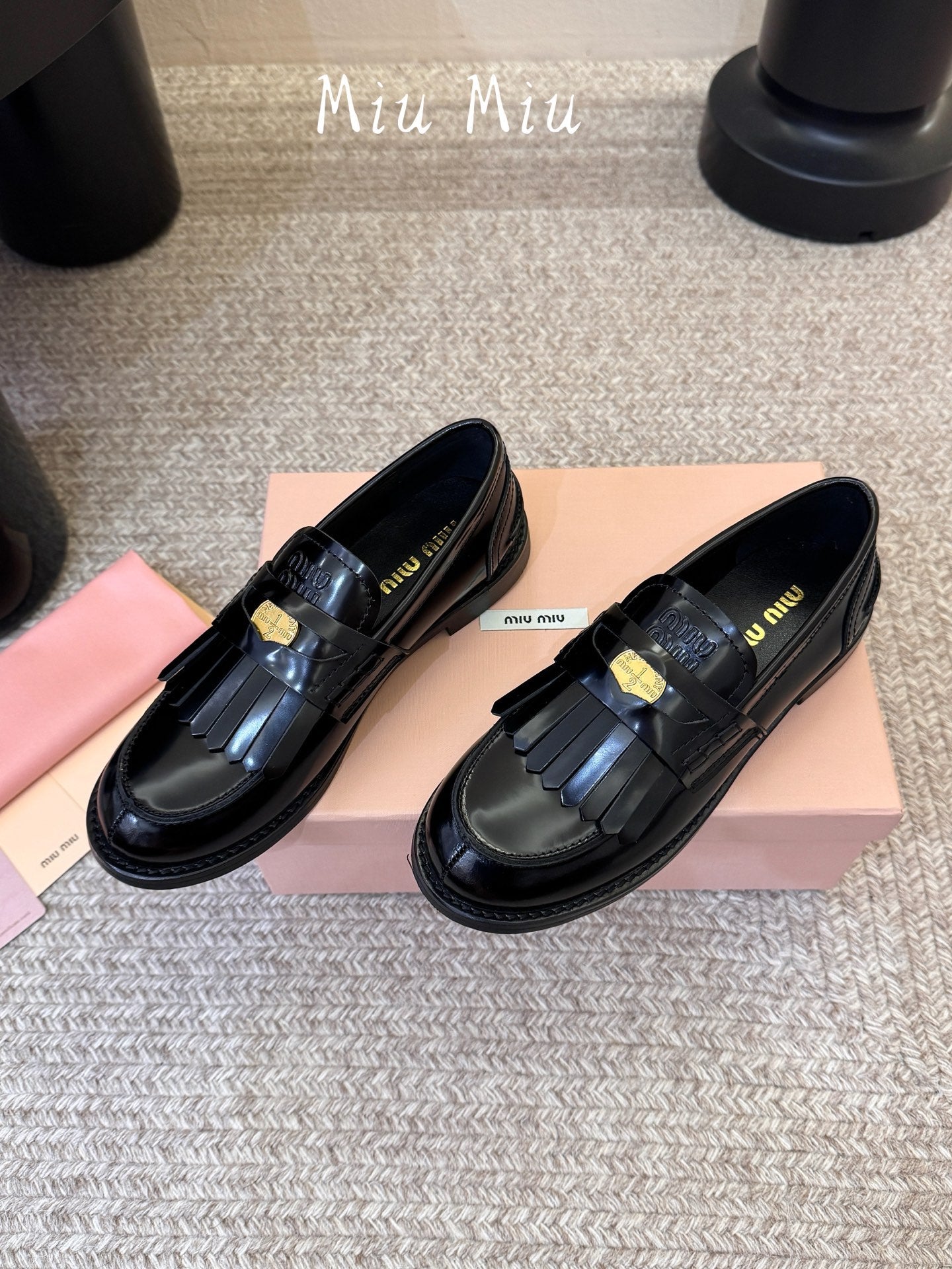 MIUMIU 26S FRINGE PENNY LOAFERS IN BLACK CALFSKIN