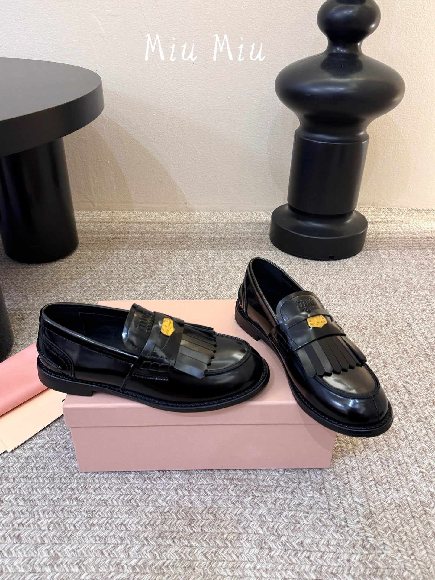 MIUMIU 26S FRINGE PENNY LOAFERS IN BLACK CALFSKIN
