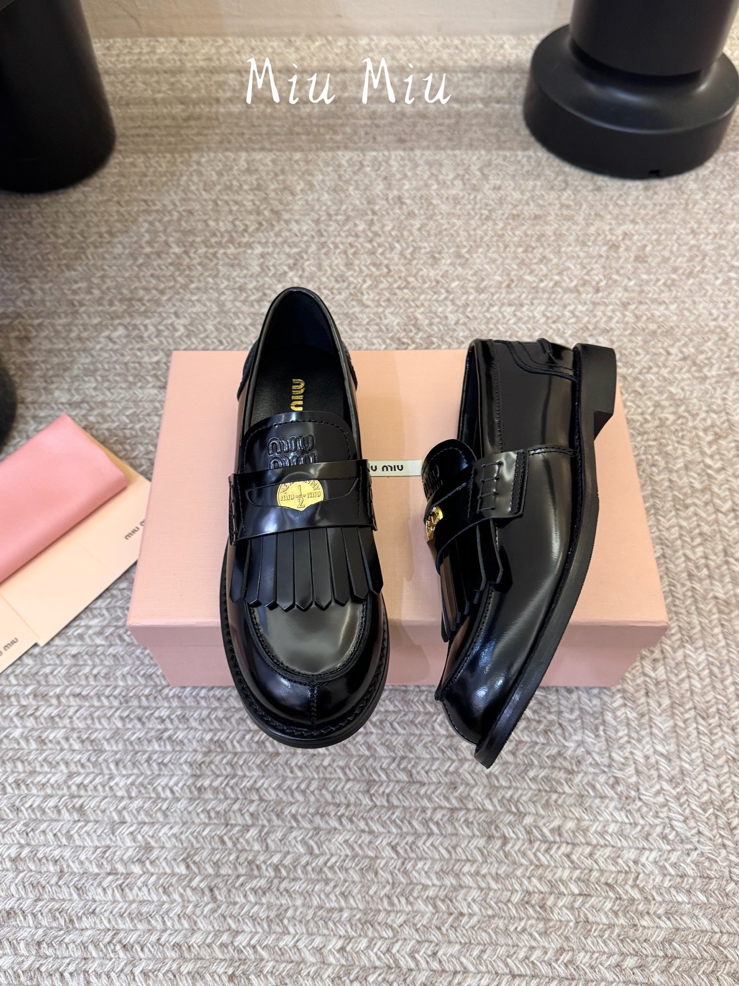 MIUMIU 26S FRINGE PENNY LOAFERS IN BLACK CALFSKIN