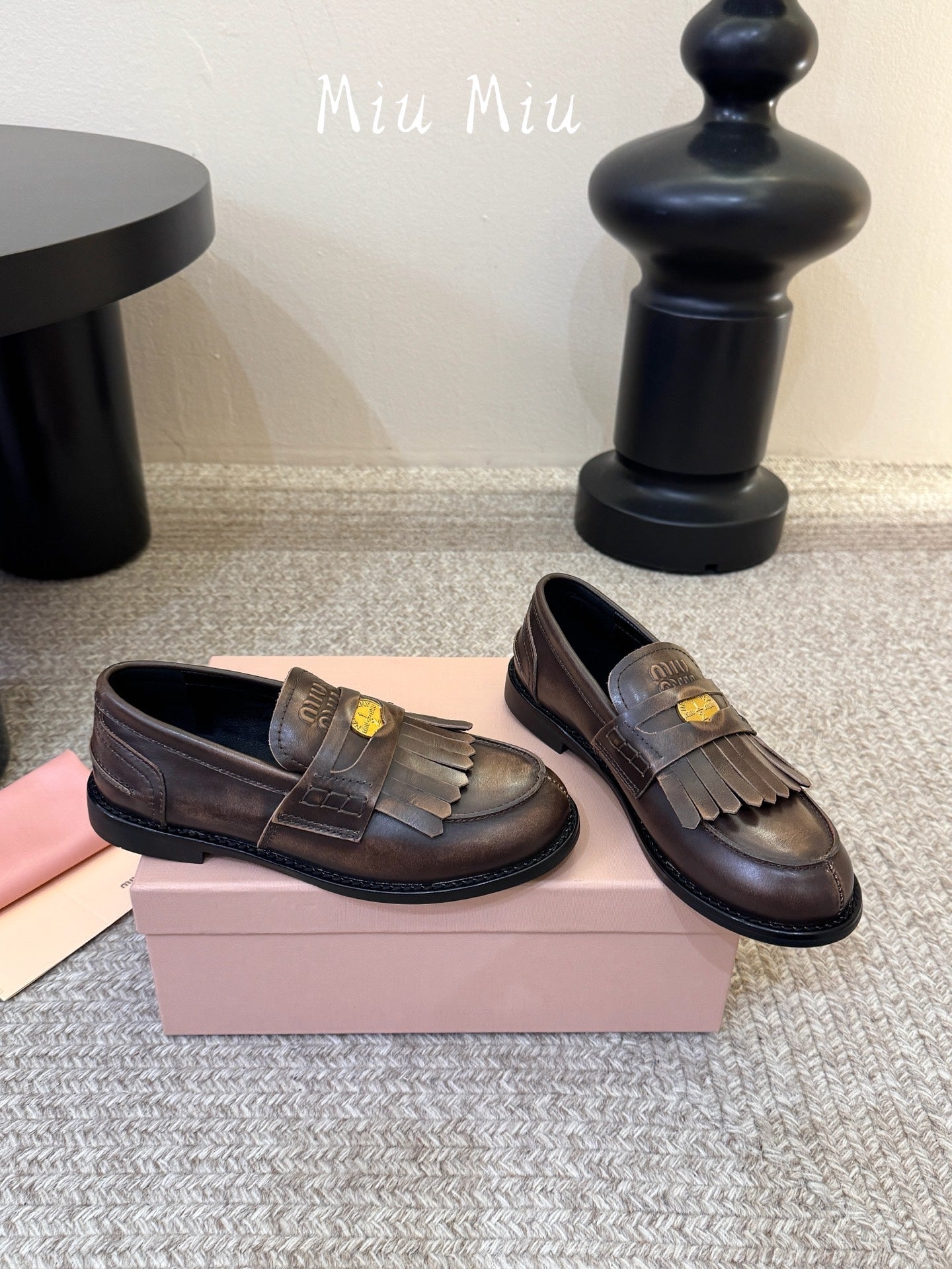 MIUMIU 26S FRINGE PENNY LOAFERS IN DARK BROWN CALFSKIN