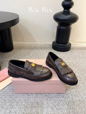 MIUMIU 26S FRINGE PENNY LOAFERS IN DARK BROWN CALFSKIN