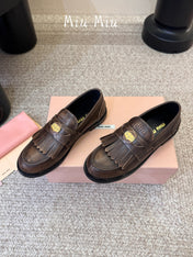 MIUMIU 26S FRINGE PENNY LOAFERS IN DARK BROWN CALFSKIN