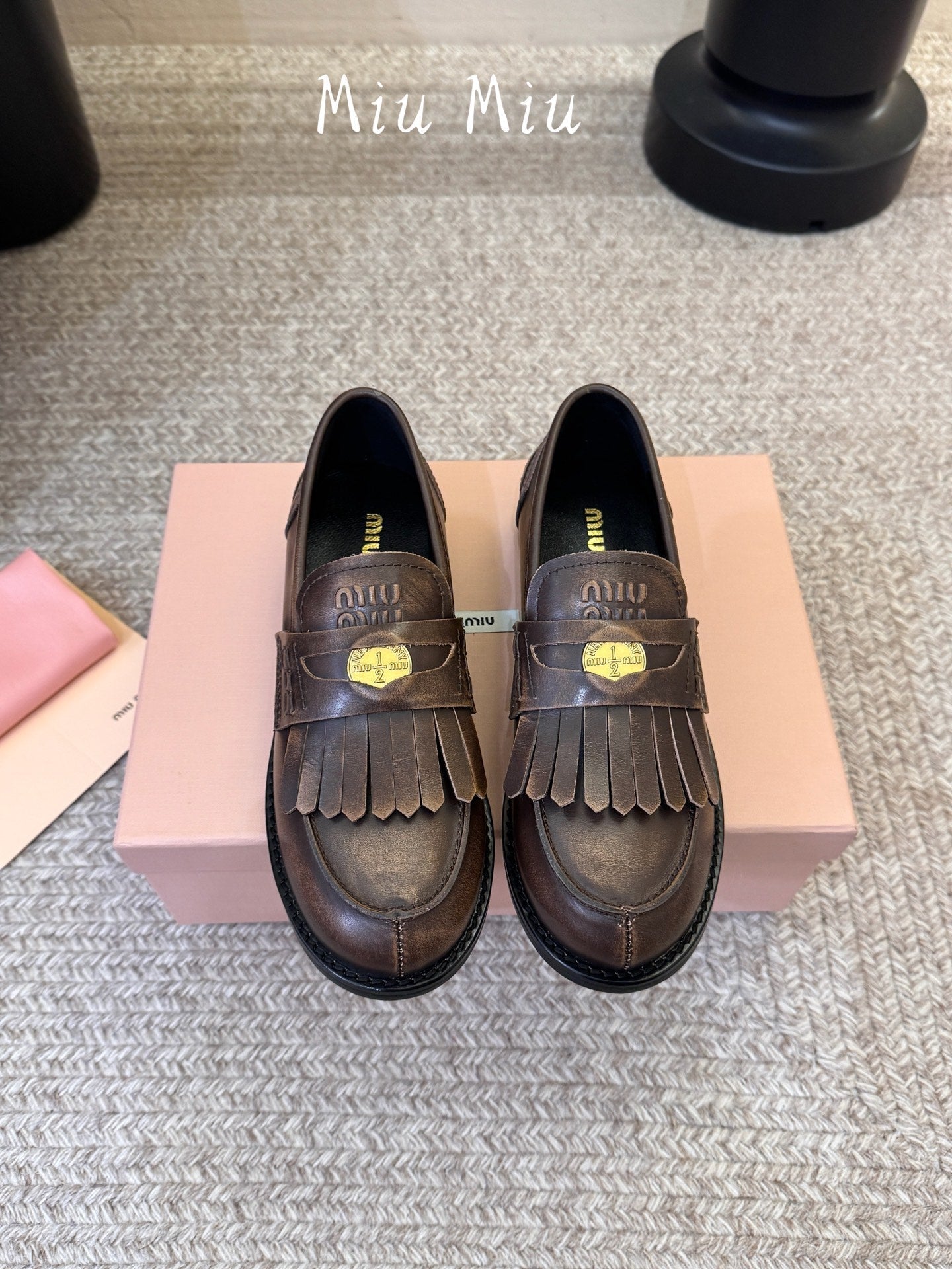 MIUMIU 26S FRINGE PENNY LOAFERS IN DARK BROWN CALFSKIN