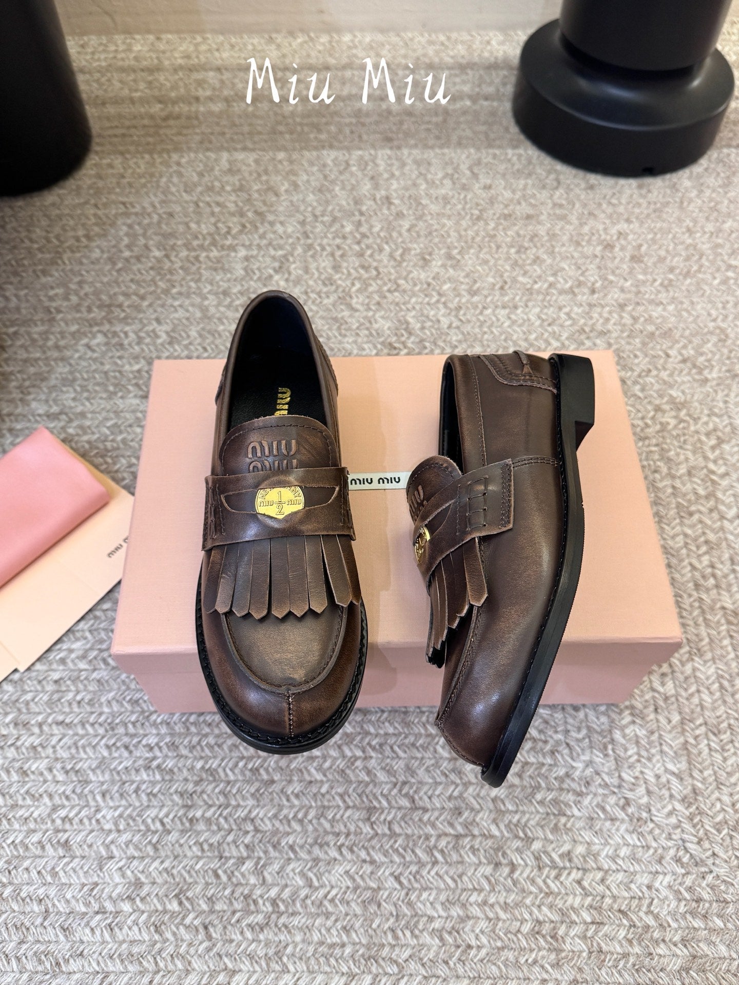 MIUMIU 26S FRINGE PENNY LOAFERS IN DARK BROWN CALFSKIN