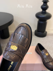 MIUMIU 26S FRINGE PENNY LOAFERS IN DARK BROWN CALFSKIN