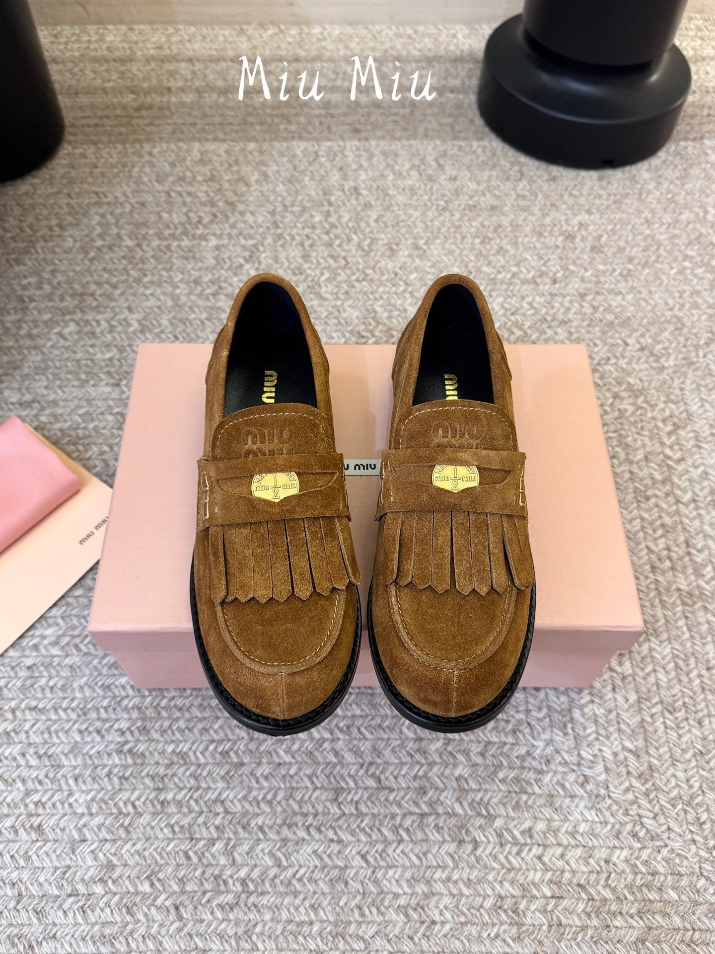 MIUMIU 26S FRINGE PENNY LOAFERS IN CAMEL BROWN SUEDE