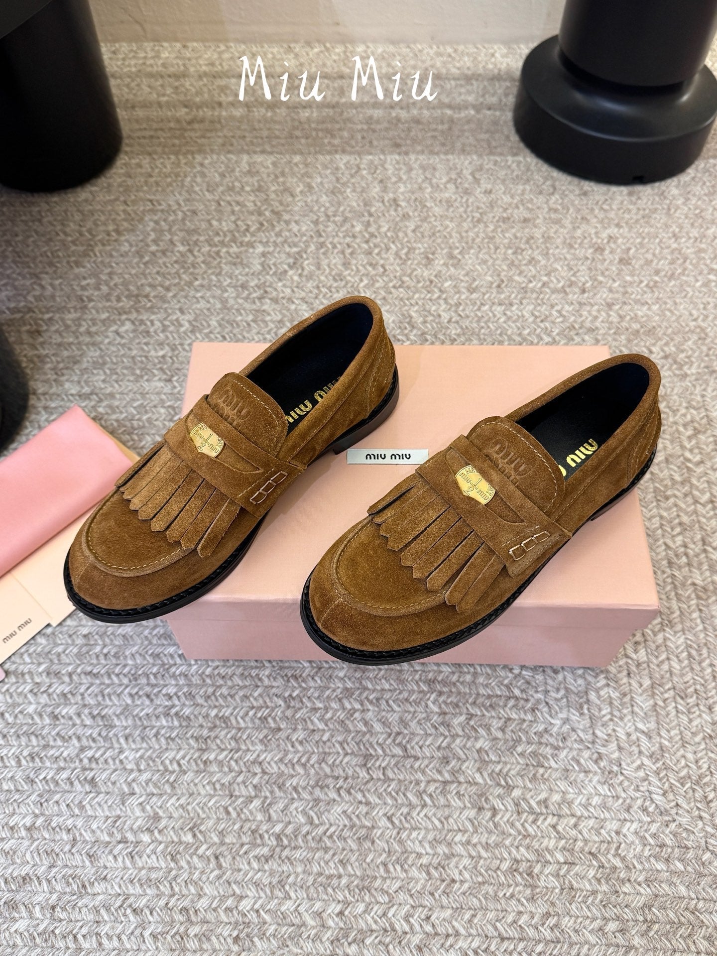 MIUMIU 26S FRINGE PENNY LOAFERS IN CAMEL BROWN SUEDE