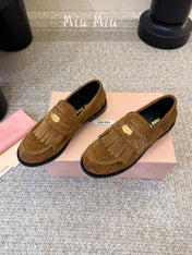 MIUMIU 26S FRINGE PENNY LOAFERS IN CAMEL BROWN SUEDE