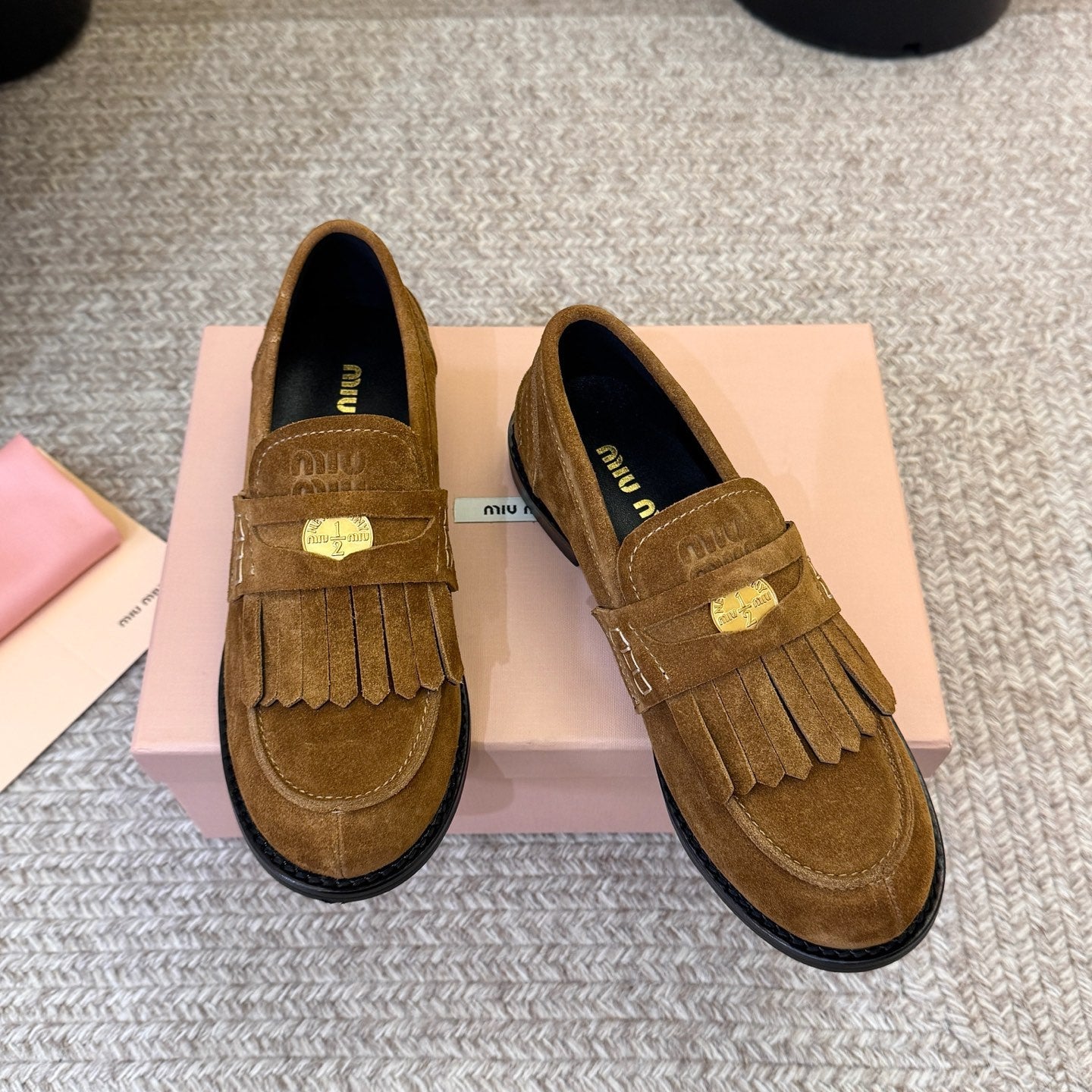 MIUMIU 26S FRINGE PENNY LOAFERS IN CAMEL BROWN SUEDE