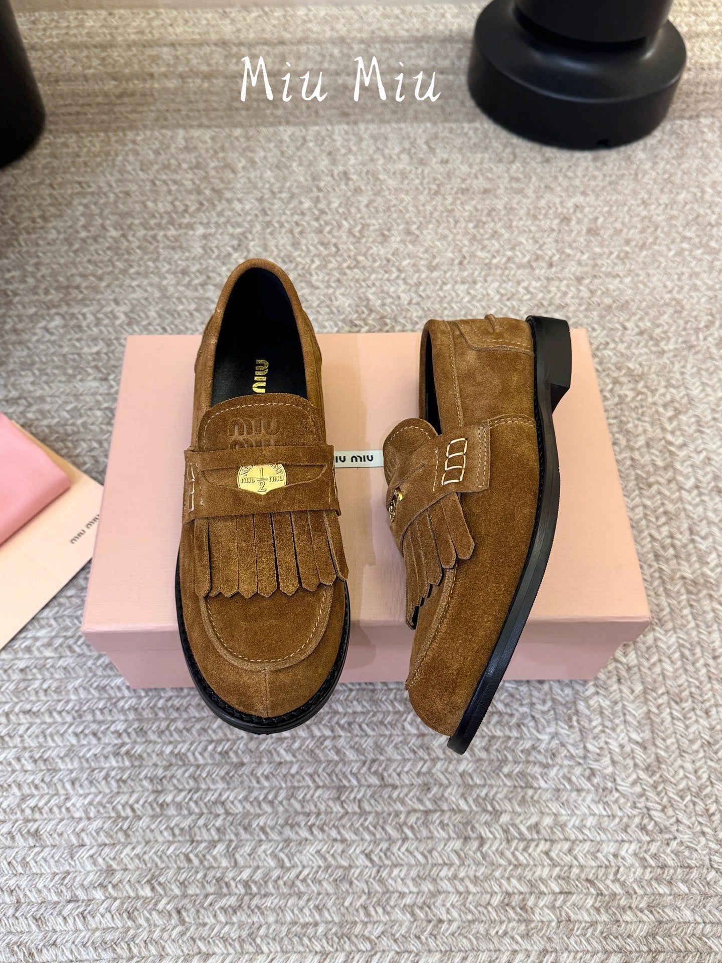 MIUMIU 26S FRINGE PENNY LOAFERS IN CAMEL BROWN SUEDE