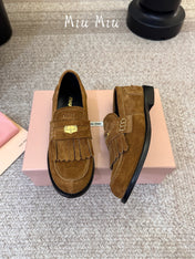 MIUMIU 26S FRINGE PENNY LOAFERS IN CAMEL BROWN SUEDE
