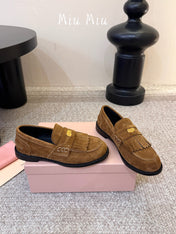 MIUMIU 26S FRINGE PENNY LOAFERS IN CAMEL BROWN SUEDE