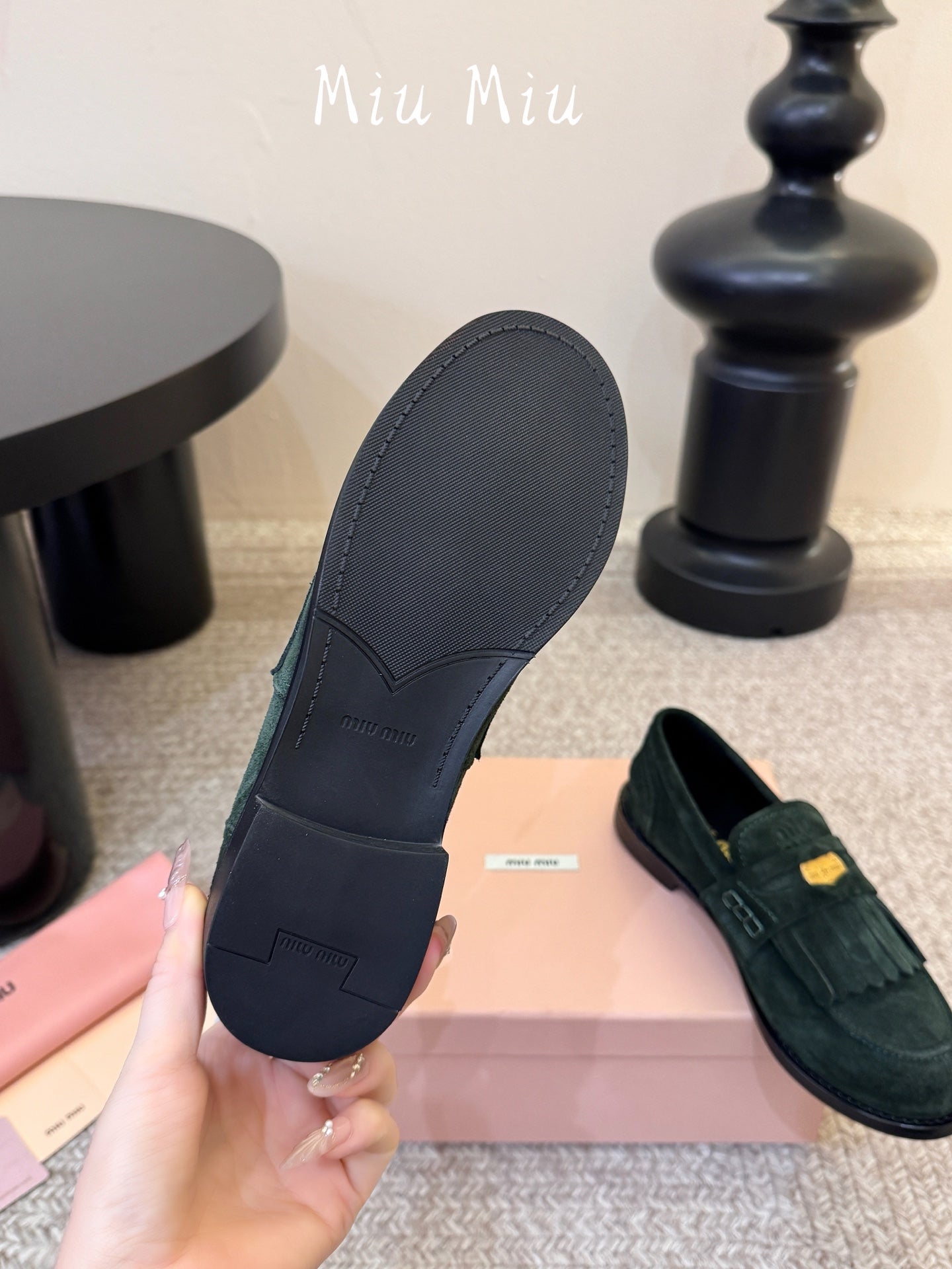 MIUMIU 26S FRINGE PENNY LOAFERS IN DARK GREEN SUEDE