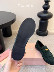 MIUMIU 26S FRINGE PENNY LOAFERS IN DARK GREEN SUEDE