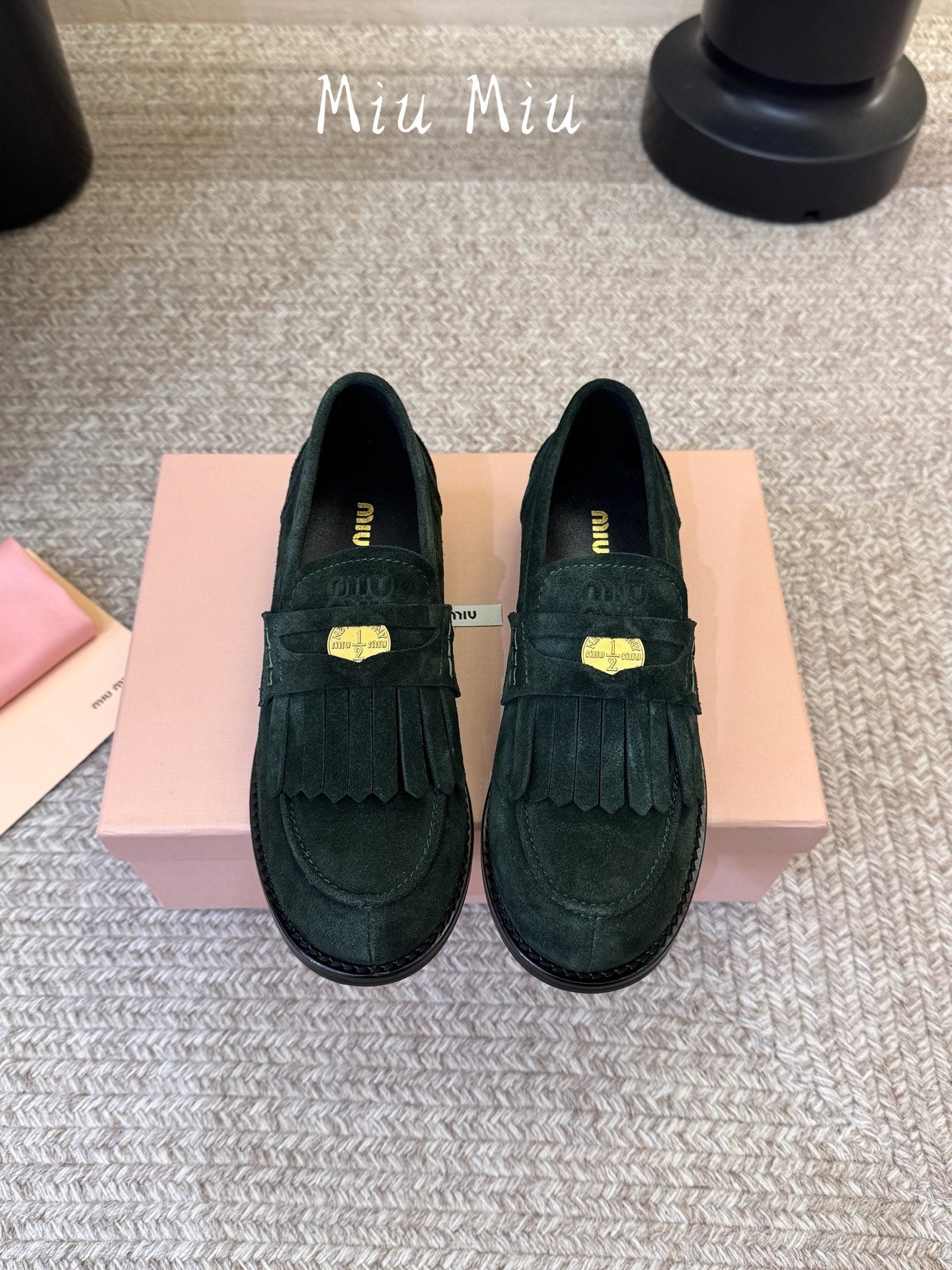 MIUMIU 26S FRINGE PENNY LOAFERS IN DARK GREEN SUEDE
