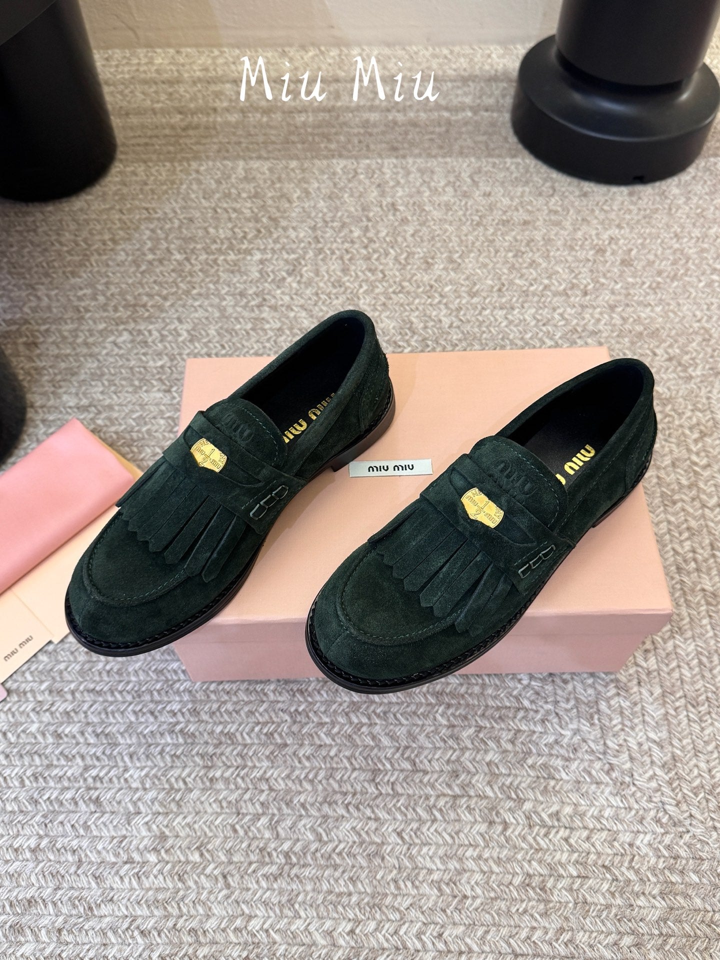 MIUMIU 26S FRINGE PENNY LOAFERS IN DARK GREEN SUEDE
