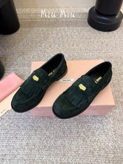 MIUMIU 26S FRINGE PENNY LOAFERS IN DARK GREEN SUEDE