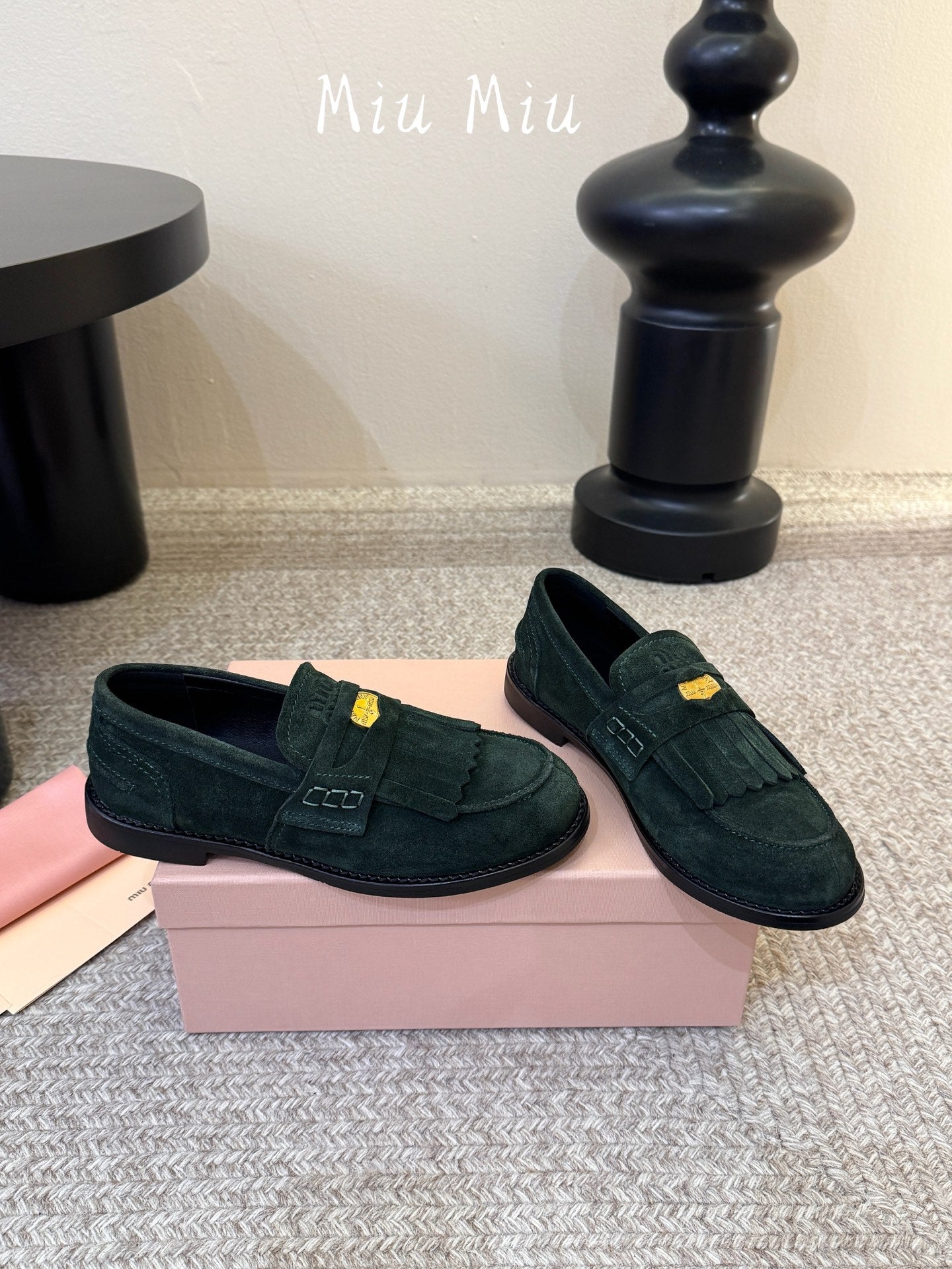 MIUMIU 26S FRINGE PENNY LOAFERS IN DARK GREEN SUEDE