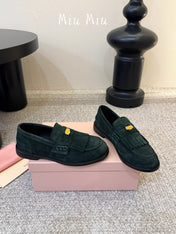 MIUMIU 26S FRINGE PENNY LOAFERS IN DARK GREEN SUEDE