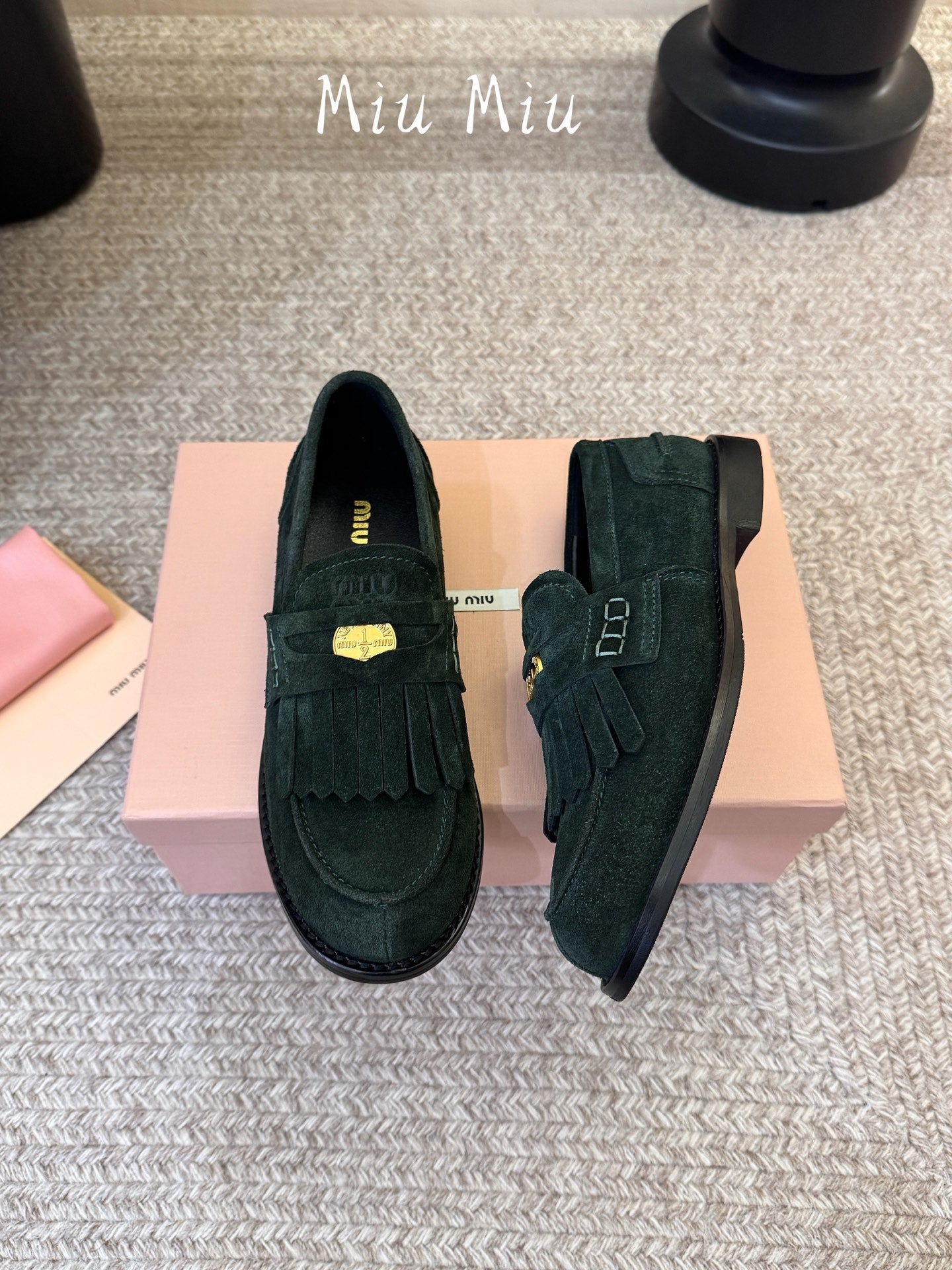 MIUMIU 26S FRINGE PENNY LOAFERS IN DARK GREEN SUEDE
