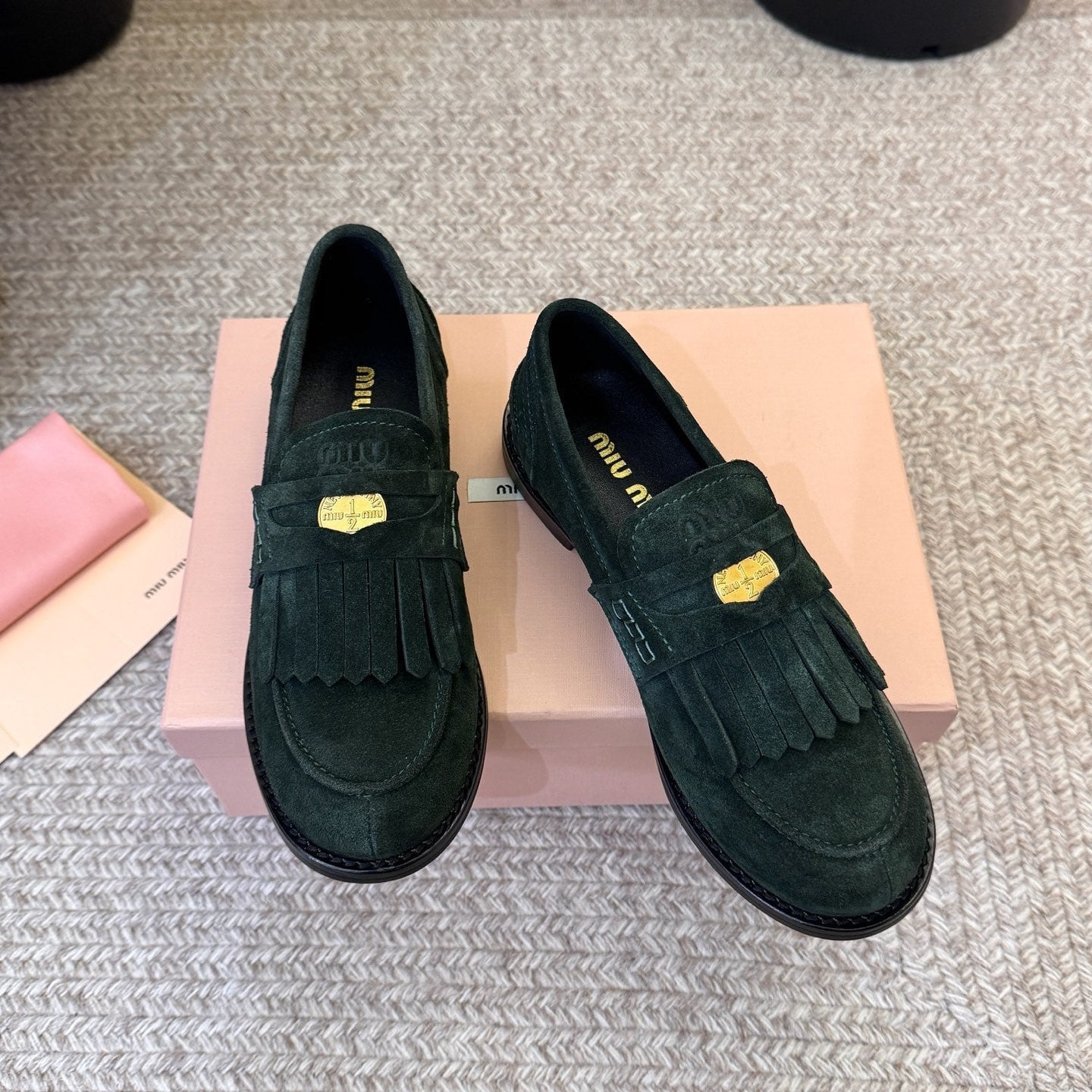 MIUMIU 26S FRINGE PENNY LOAFERS IN DARK GREEN SUEDE