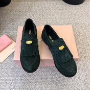 MIUMIU 26S FRINGE PENNY LOAFERS IN DARK GREEN SUEDE