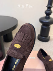 MIUMIU 26S FRINGE PENNY LOAFERS IN DARK BROWN SUEDE