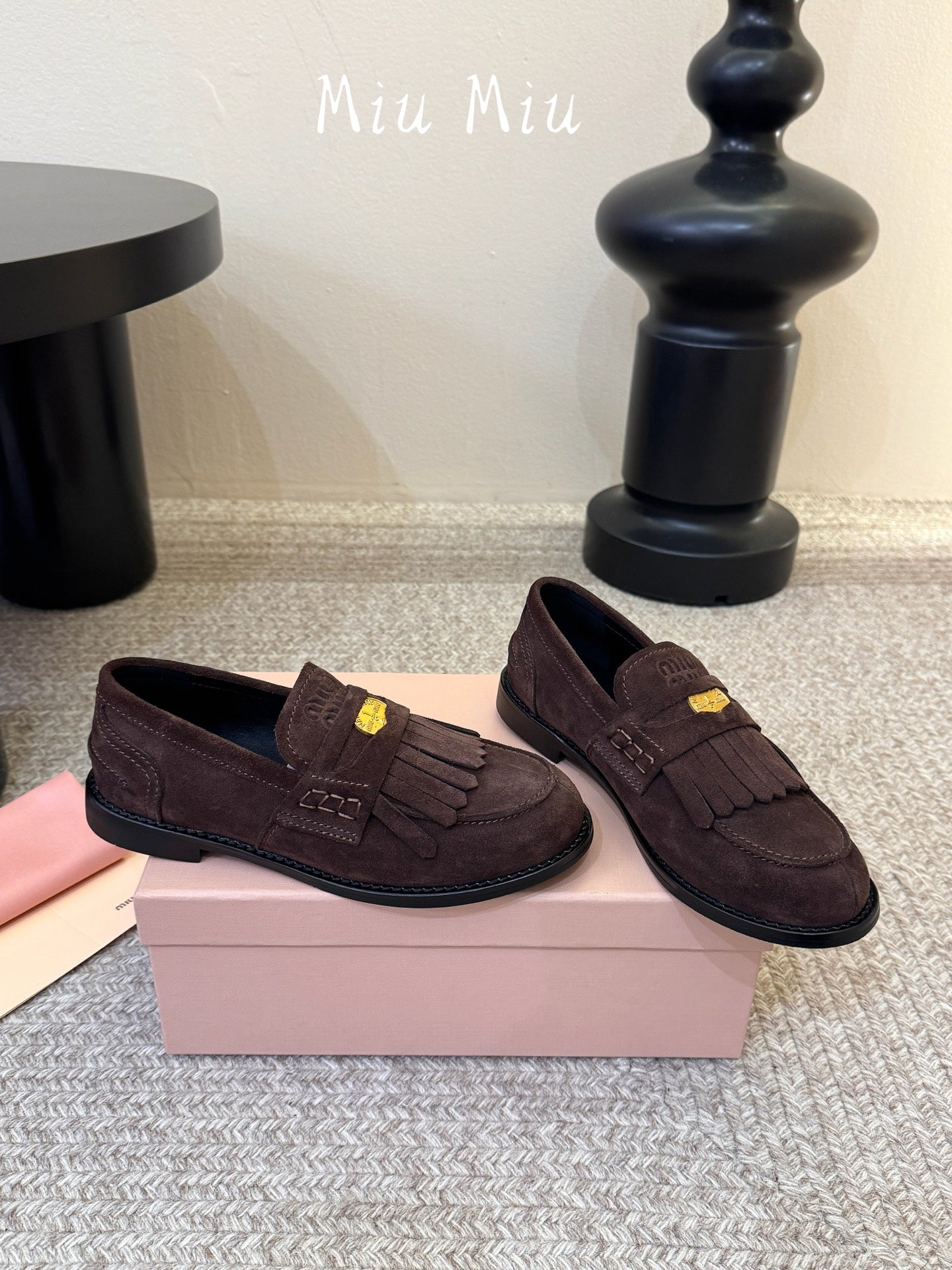 MIUMIU 26S FRINGE PENNY LOAFERS IN DARK BROWN SUEDE