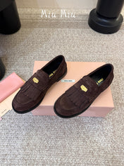 MIUMIU 26S FRINGE PENNY LOAFERS IN DARK BROWN SUEDE