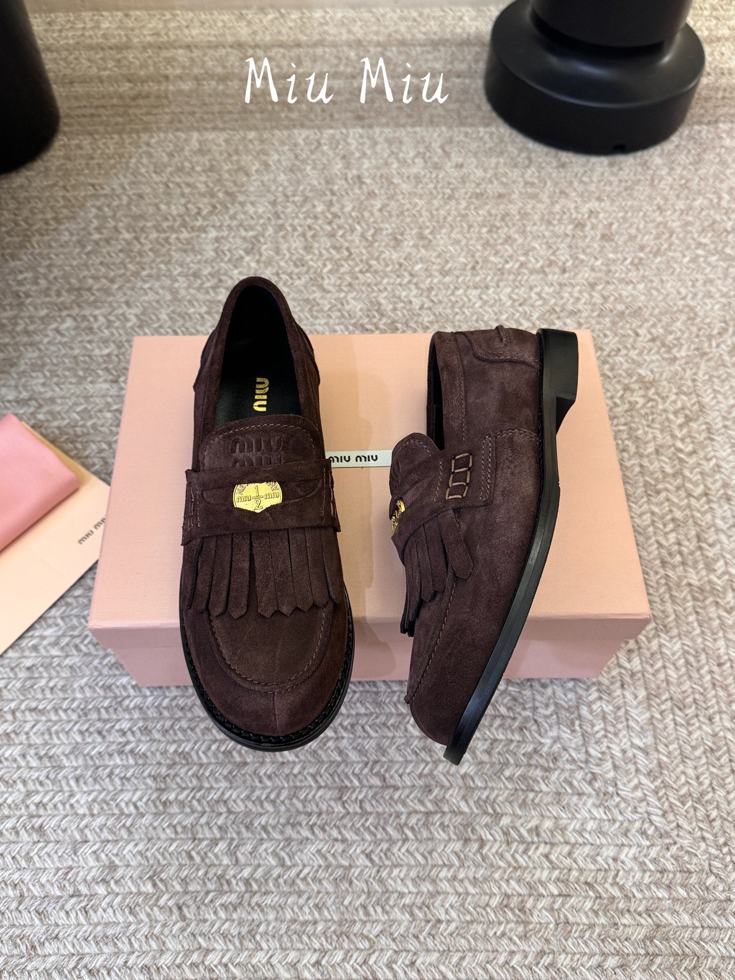 MIUMIU 26S FRINGE PENNY LOAFERS IN DARK BROWN SUEDE