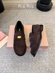 MIUMIU 26S FRINGE PENNY LOAFERS IN DARK BROWN SUEDE