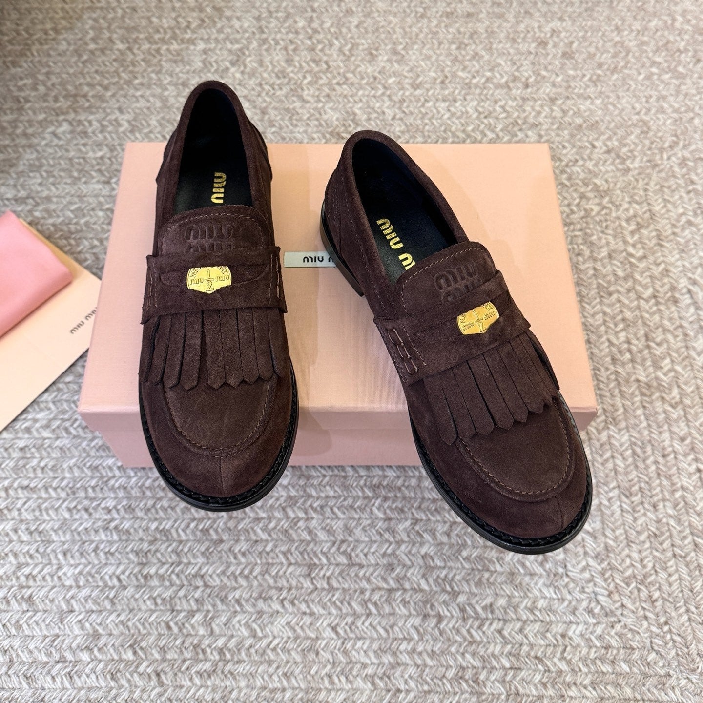 MIUMIU 26S FRINGE PENNY LOAFERS IN DARK BROWN SUEDE