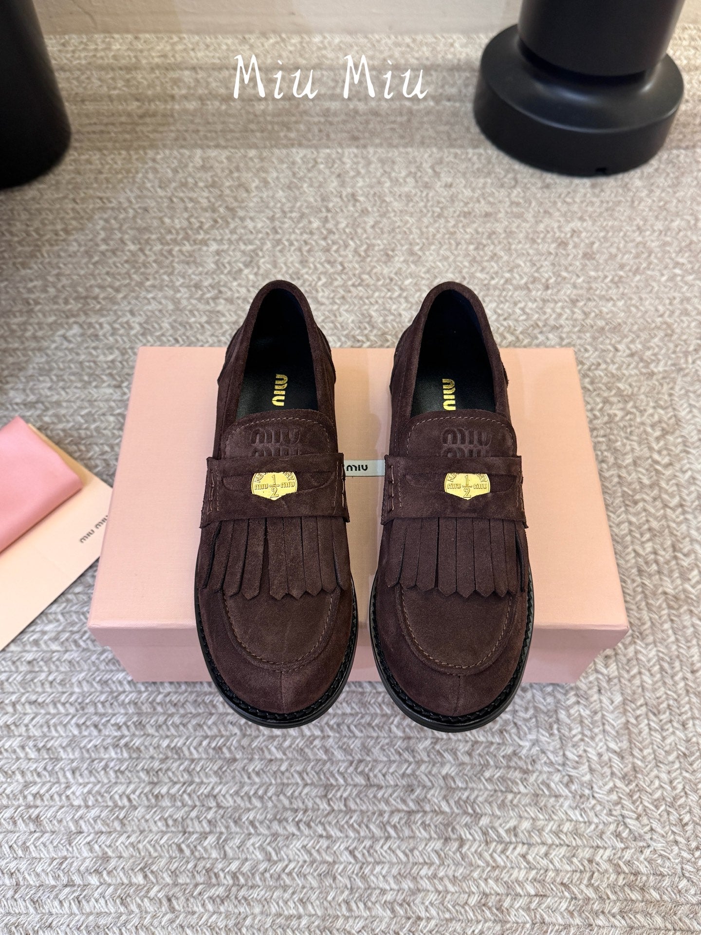 MIUMIU 26S FRINGE PENNY LOAFERS IN DARK BROWN SUEDE