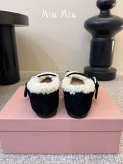 MIUMIU 26S SHEARLING-LINED MARY JANE IN BLACK SUEDE