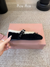 MIUMIU 26S SHEARLING-LINED MARY JANE IN BLACK SUEDE