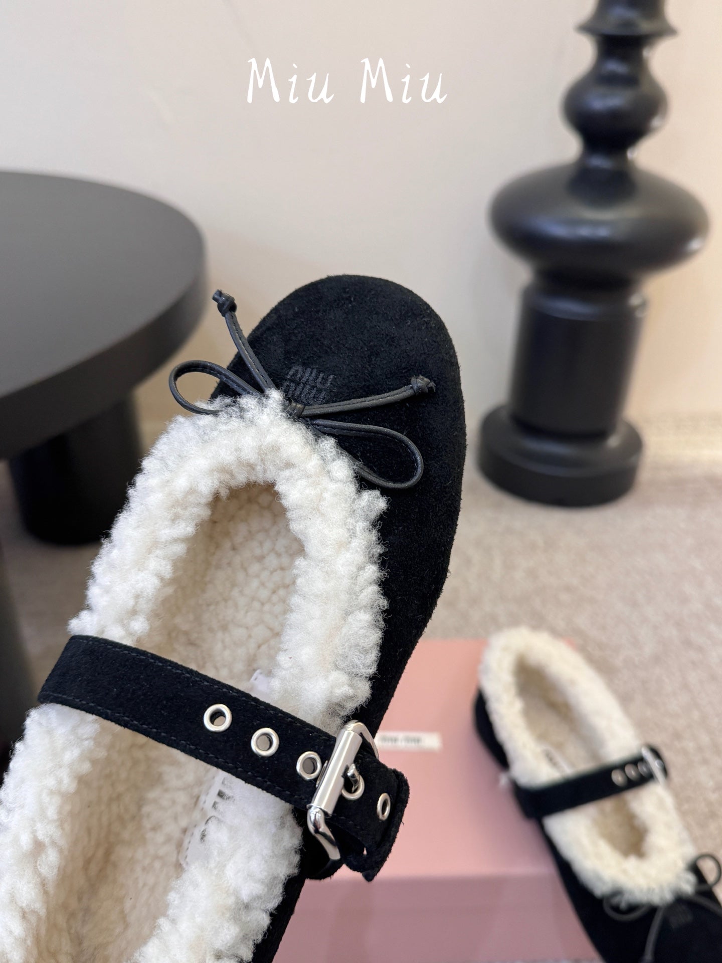 MIUMIU 26S SHEARLING-LINED MARY JANE IN BLACK SUEDE