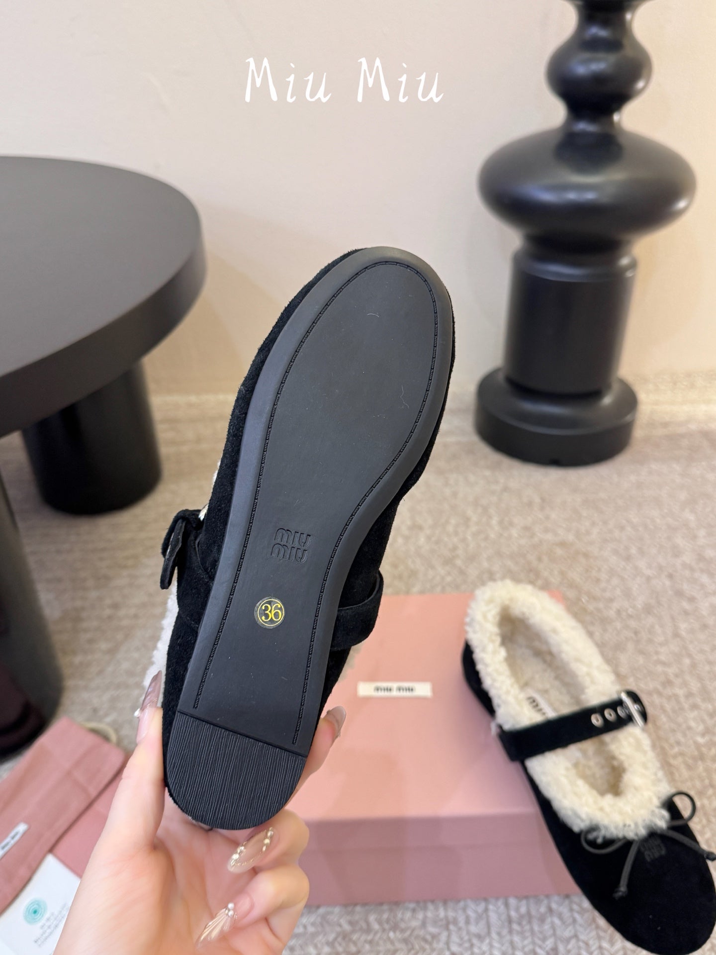 MIUMIU 26S SHEARLING-LINED MARY JANE IN BLACK SUEDE