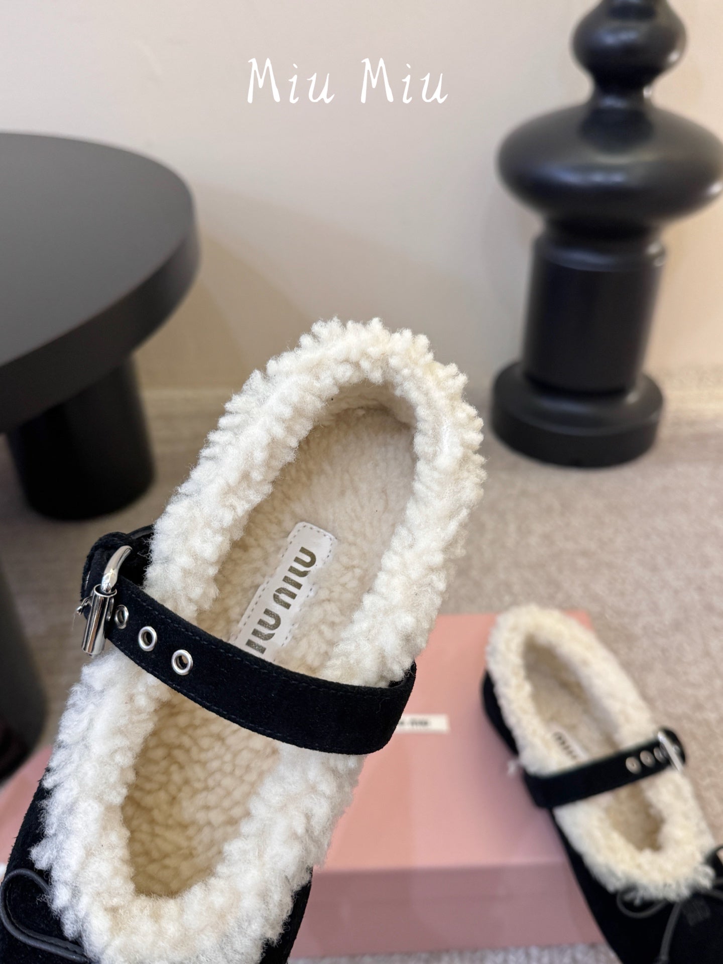 MIUMIU 26S SHEARLING-LINED MARY JANE IN BLACK SUEDE