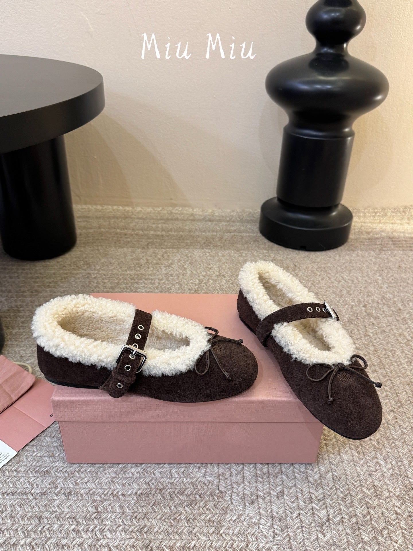 MIUMIU 26S SHEARLING-LINED MARY JANE IN DARK BROWN SUEDE