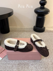 MIUMIU 26S SHEARLING-LINED MARY JANE IN DARK BROWN SUEDE