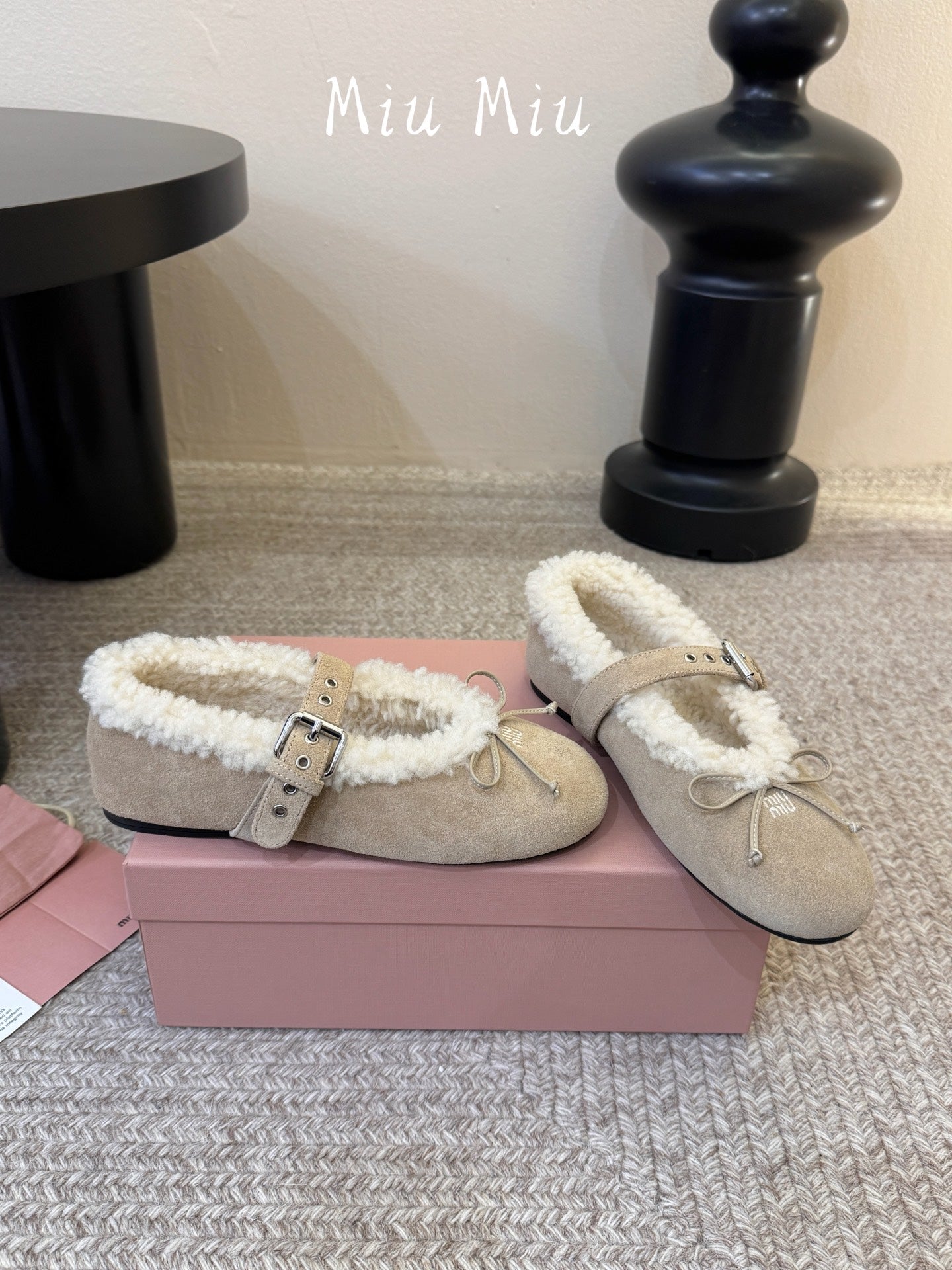 MIUMIU 26S SHEARLING-LINED MARY JANE IN BEIGE SUEDE