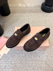 MIUMIU 26S COIN PENNY LOAFERS IN DARK BROWN SUEDE