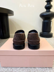 MIUMIU 26S COIN PENNY LOAFERS IN DARK BROWN SUEDE