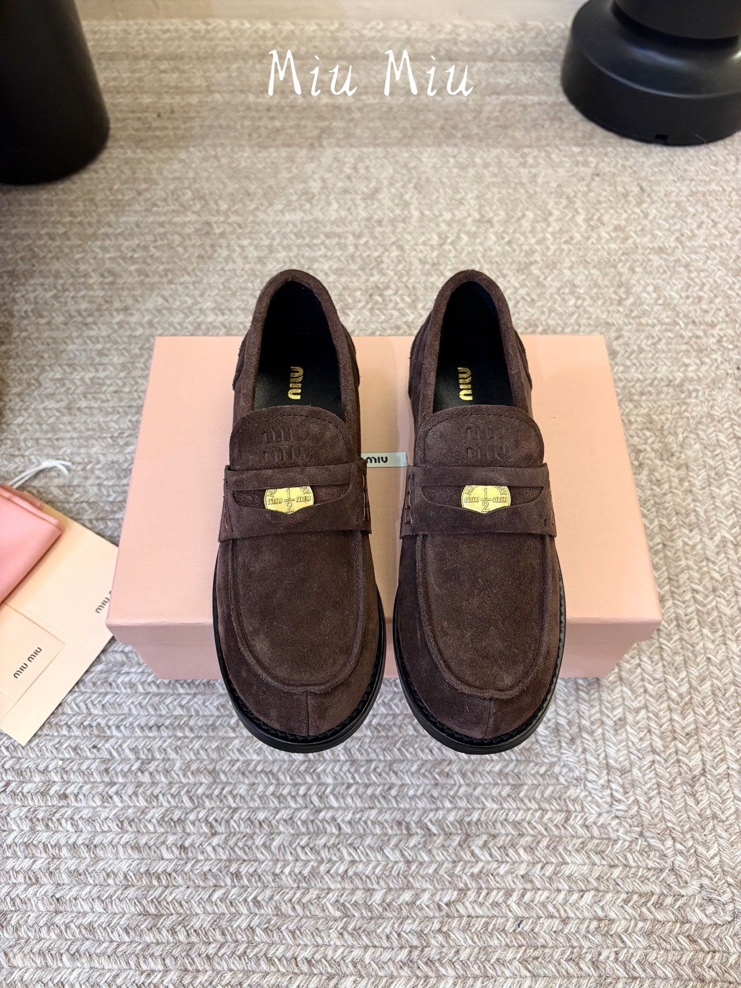 MIUMIU 26S COIN PENNY LOAFERS IN DARK BROWN SUEDE